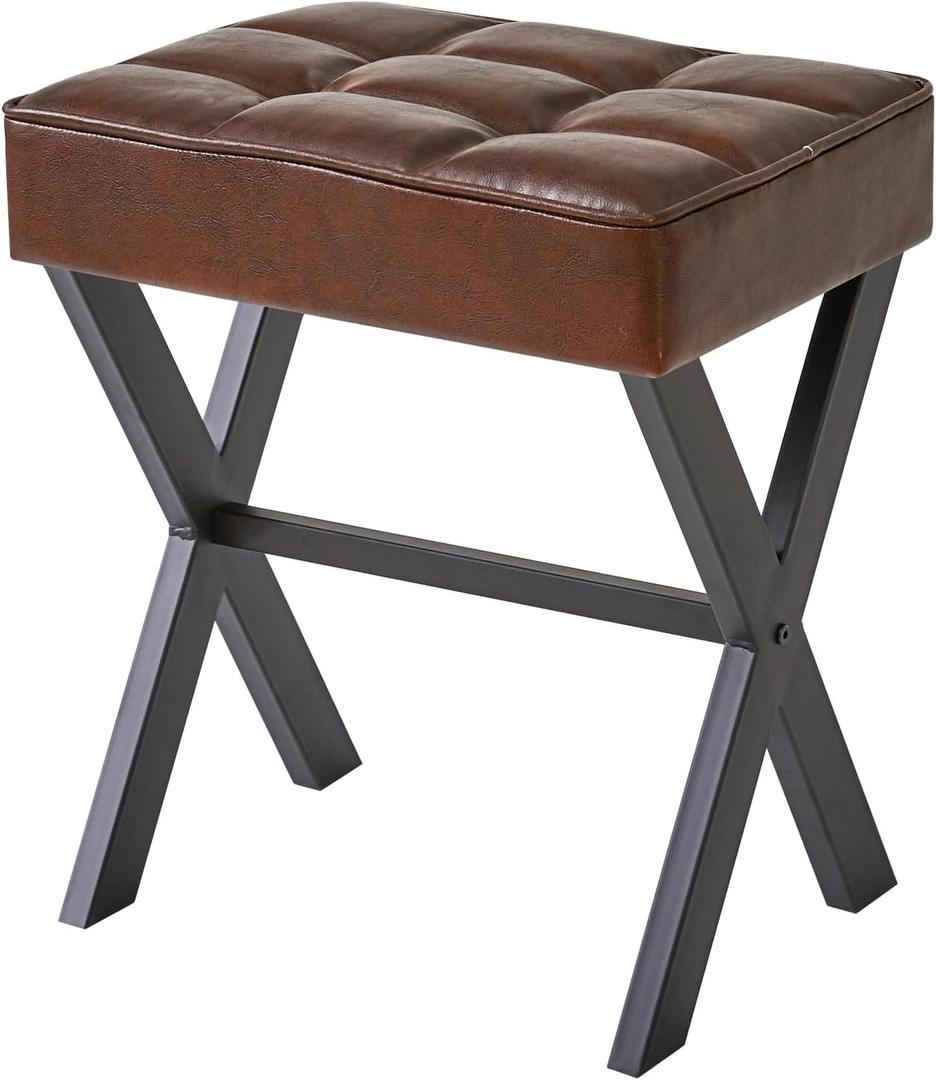 IBUYKE Square Makeup Stool with X-Leg Foot Rest, PU Footrest Stool, Ottoman Seat Vanity Stool, Multi-Use as Small Side Table, for Bedroom, Living Room, Dark Brown LG-71Z, Leather (17.72"-Leather)