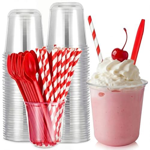 Baderke 50 Set Root Beer Float Cups with Red Plastic Soda Spoons and Paper Straws Plastic Parfait Cups Disposable Stemless Glasses for Milkshake Ice Cream Cocktail Yogurt Party Drinks (12oz)