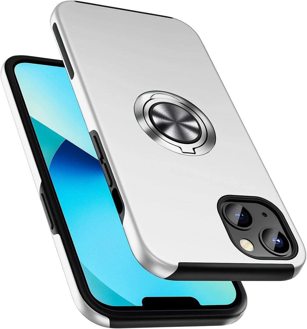 Shockproof Case for iPhone 13 6.1 inch, [Embedded Finger Ring] Military Grade Phone Case Cover with Reinforced Metal Stand Kickstand [Support Magnetic Car Holder] for iPhone 13, Silver