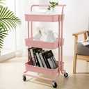 3 Tier Rolling Utility Cart Rolling Storage Cart with Wheels Mobile Utility Cart Craft Cart Trolley Storage Organizer Shelves with Handles fro Kitchen Bathroom Office(Pink)