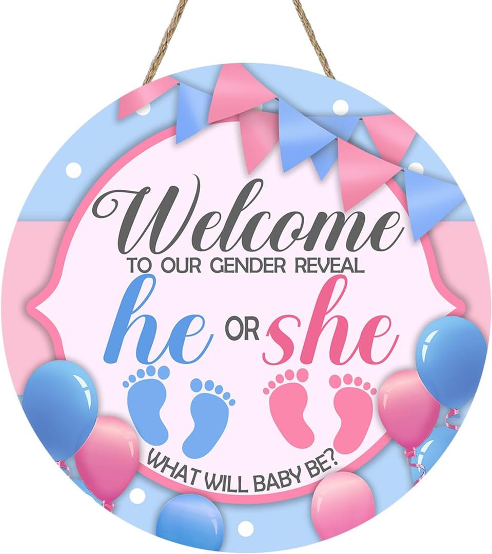 Gender Reveal He or She Front Door Sign, Newborn Boy Girl Wood Hanger Home Decor Gifts for New Dad Mom, Pregnancy Announcement Baby Shower Wooden Wreath Indoor Wall Hanging Decoration