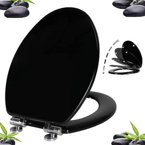 Angel Shield Toilet Seat with Zinc Alloy Hinges Quiet-Close Quick-Release Wood Molded UV Lid Easy Clean (Elongated,Black)