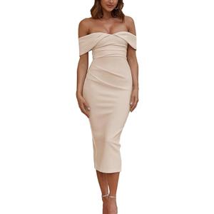 Elegant Off The Shoulder Bodycon Backless Ruched Midi Dress Strapless Tube Slit Dresses for Women Wedding Guest, S, Champagne