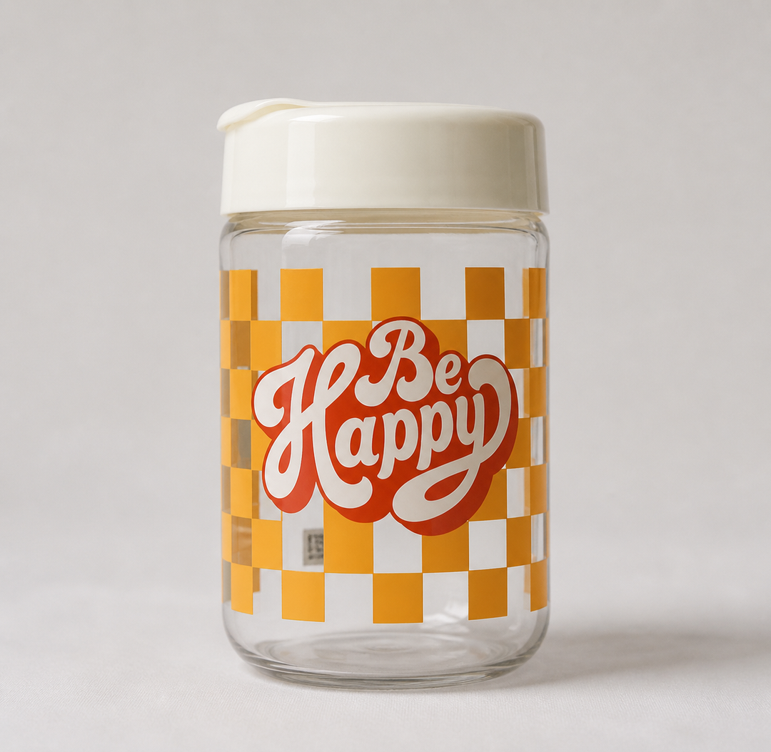 Stylish Clear Storage Jar With Bold “Be Happy” Design, Perfect For Snacks Or Kitchen Decor. Capacity: 18 oz