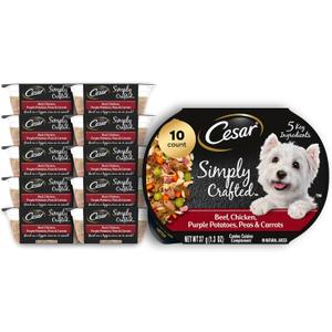 Cesar Simply Crafted Adult Wet Dog Food Toppers for Dry Food, Beef, Chicken, Purple Potatoes, Peas & Carrots, 1.3 oz Tubs, 10 Count, BBD: 08/04/27