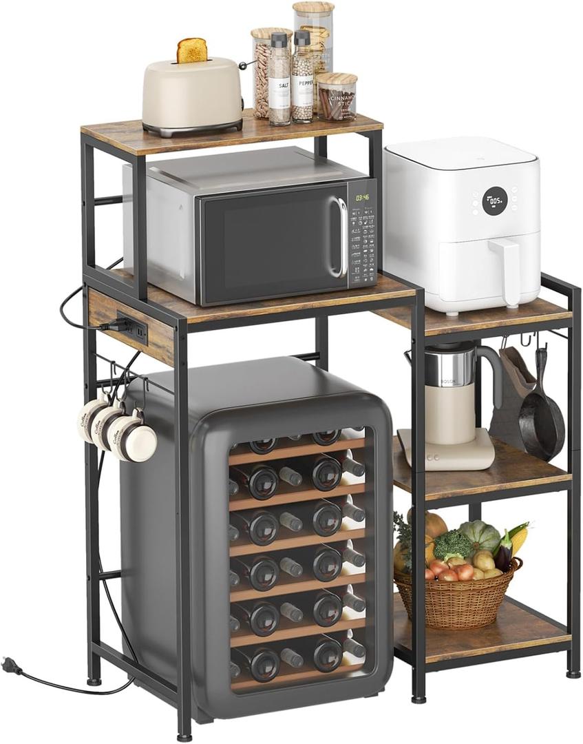 Toutrop Mini Fridge Cabinet with Storage Shelves, Microwave Stand with 2 AC/2 USB Outlets, Coffee Bar Cabinet with Mini Fridge Space, Utility Storage Shelf for Home Kitchen Dorm Office