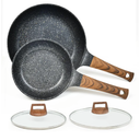 Nonstick Frying Pans Set with Lid, 10 In 11.5 In Aluminum Granite Coating Chef's Pan, Non Stick Flat Skillet Set with Glass Cover, Cookware Set Suitable for Gas Stove, Induction Glass Top