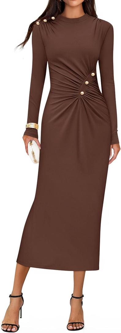 ZESICA Womens 2026 Fall Long Sleeve Mock Neck Bodycon Midi Dress Ruched Knit Elegant Party Cocktail Formal Dresses (Brown, M)
