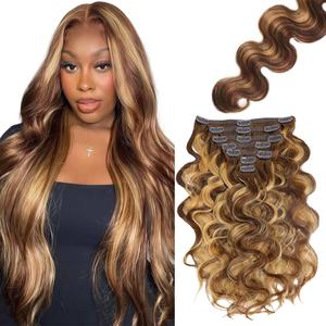 28 Inch P427 Blonde Clip in Hair Extensions,Soft Real Human Hair 120g 7pcs,Brazilian Remy Highlight Clip ins for Women,Brown Clip ins Silky Body Wave Hair Extensions