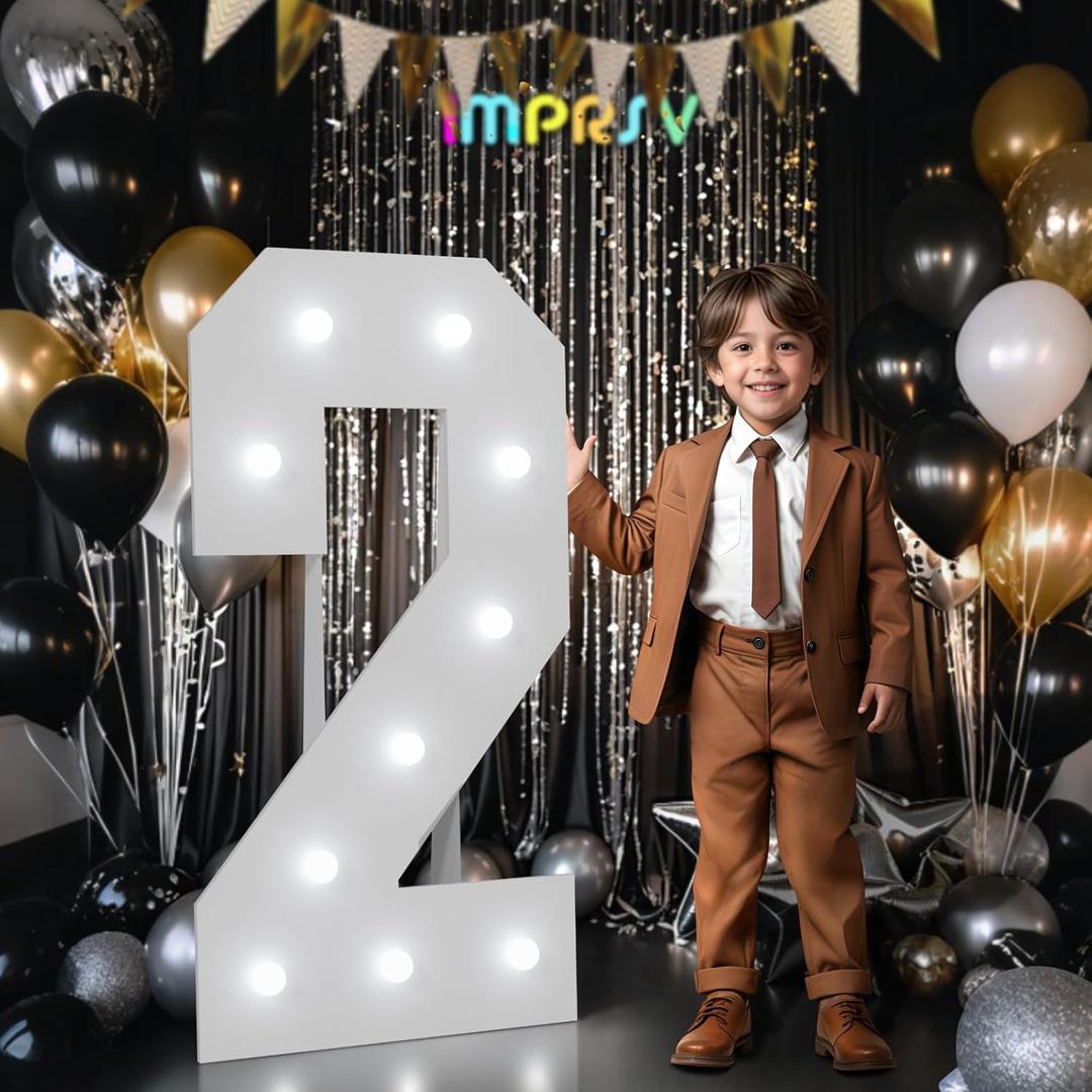 imprsv Marquee Numbers 2nd-Birthday Decorations: Large 4ft Light up Number Balloon for Party Big 2 Year Old Girl Boy Second Birthday Decoration Anniversary Foam Board Wall Number 2