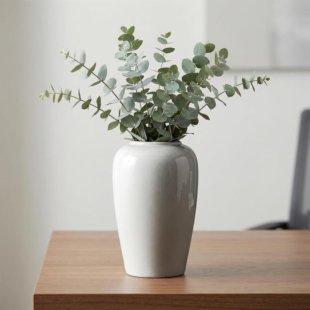 Gray Vase for Flowers, 8 Inch Grey Ceramic Vase, Rustic Farmhouse Vases for Home Decor, Modern Decorative Centerpiece for Dining Table, Living Room, Office