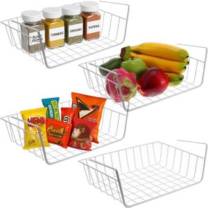 4-Pack White Under Cabinet Storage Baskets Hanging Shelf Organizers for Kitchen, Pantry, Desk & Bookshelf No-Tool Installation, Space-Saving Design