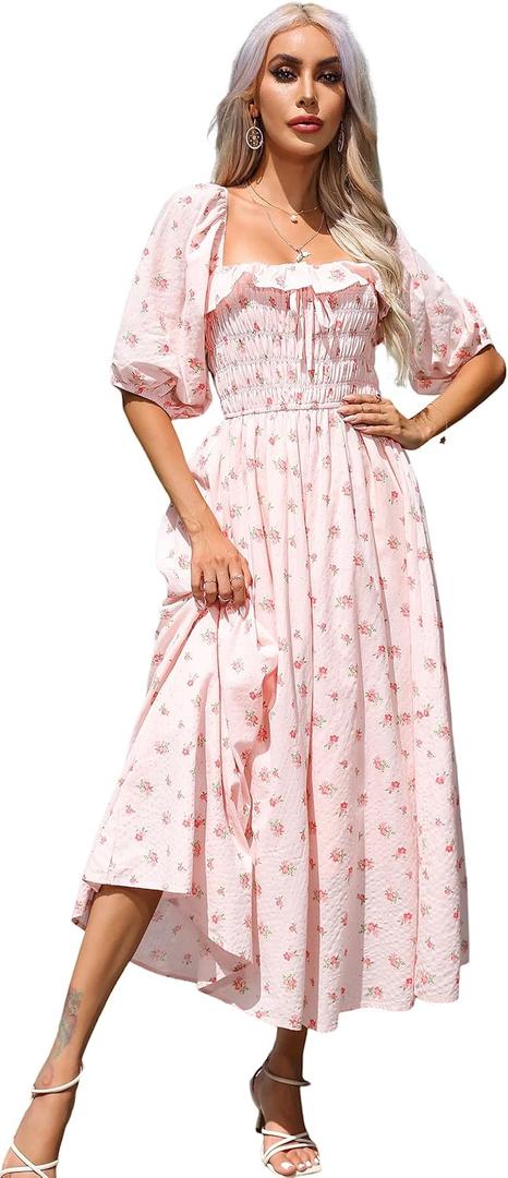 Women Summer Half Sleeve Cotton Ruffled Vintage Elegant Backless A Line Flowy Long Dresses, Size: S