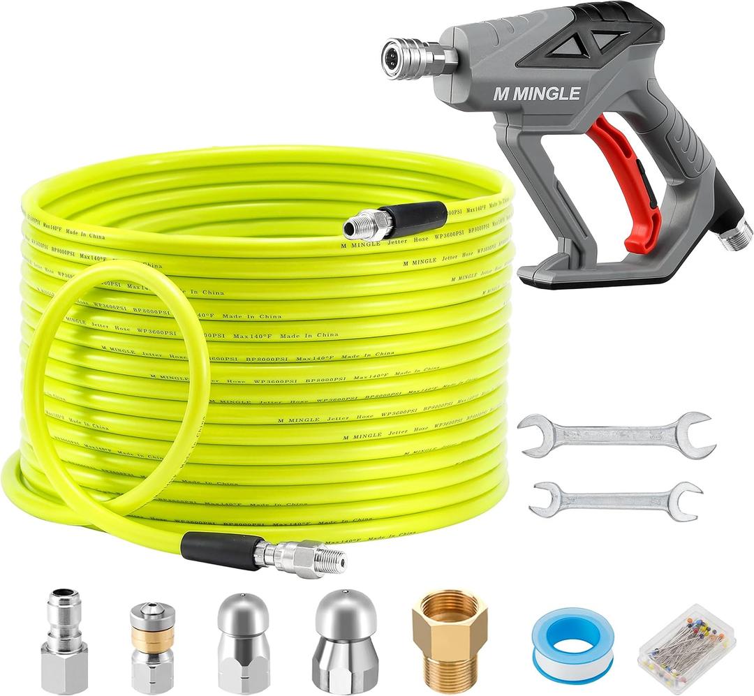 M MINGLE Sewer Jetter Kit for Pressure Washer 150 FT, Drain Cleaner Hose with Power Washer Gun, 1/4 Inch NPT Corner Rotating and Button Nose Sewer Jetting Nozzle, Orifice 4.0, 4.5 (Yellow)