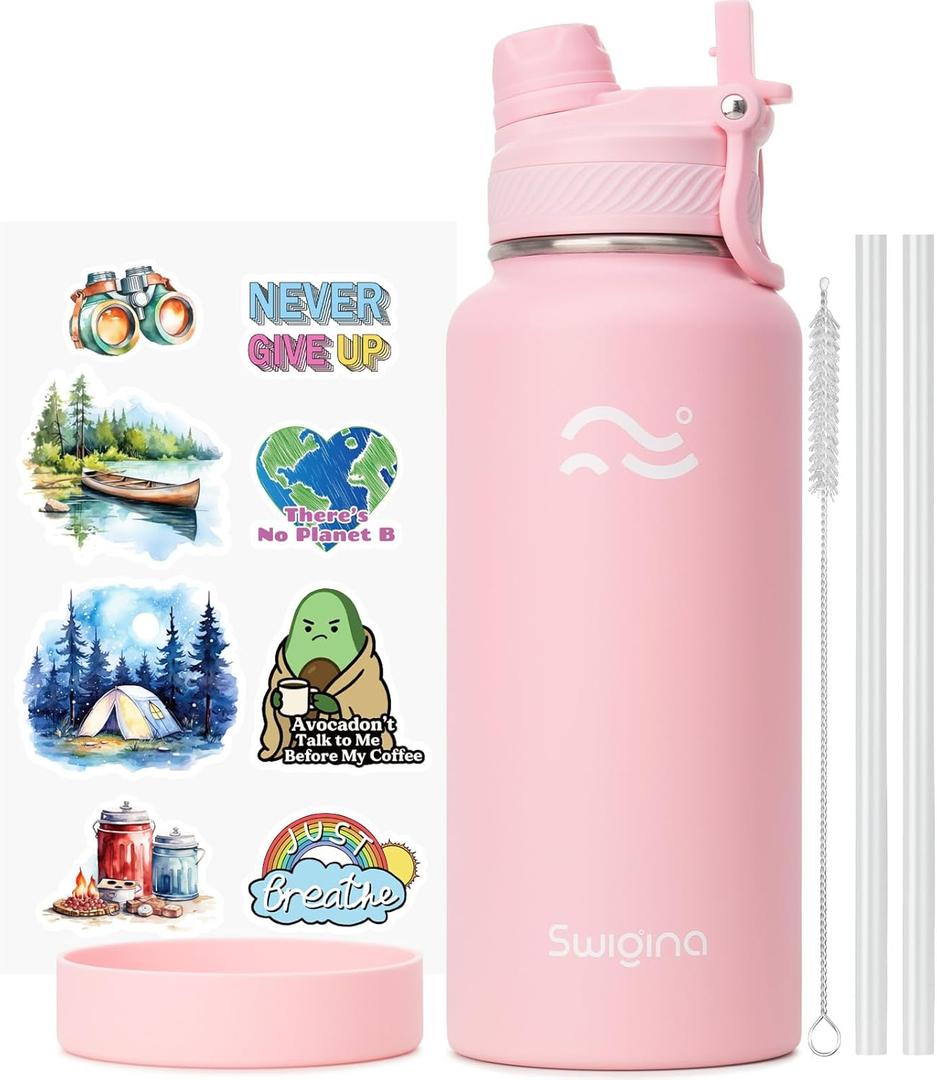 Swigina [2-IN-1 LID] Insulated Water Bottle with Silicone Boot (36hrs Cold/18hrs Hot) - DIY Stickers, Leakproof, BPA Free, 32 oz (Pink)