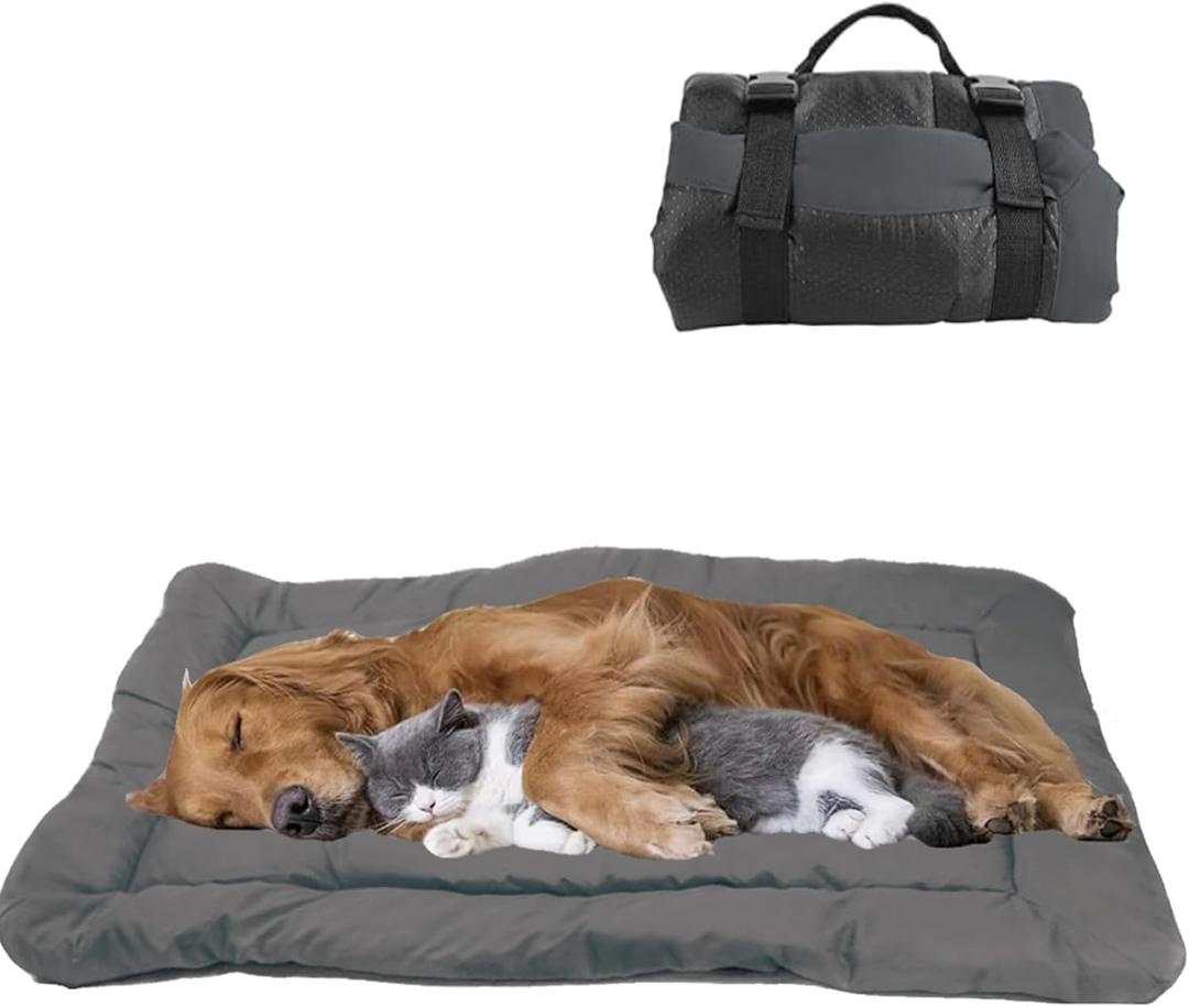 YOFANG 36"x25" Outdoor Travel Dog Bed,Portable Crate Mat Waterproof Anti-Slip, Kennel Pad Washable,Pet Camping Beds Ripstop 1600D Nylon Fabric,Easy to Clean for for Large Medium Dogs or Cats,Grey