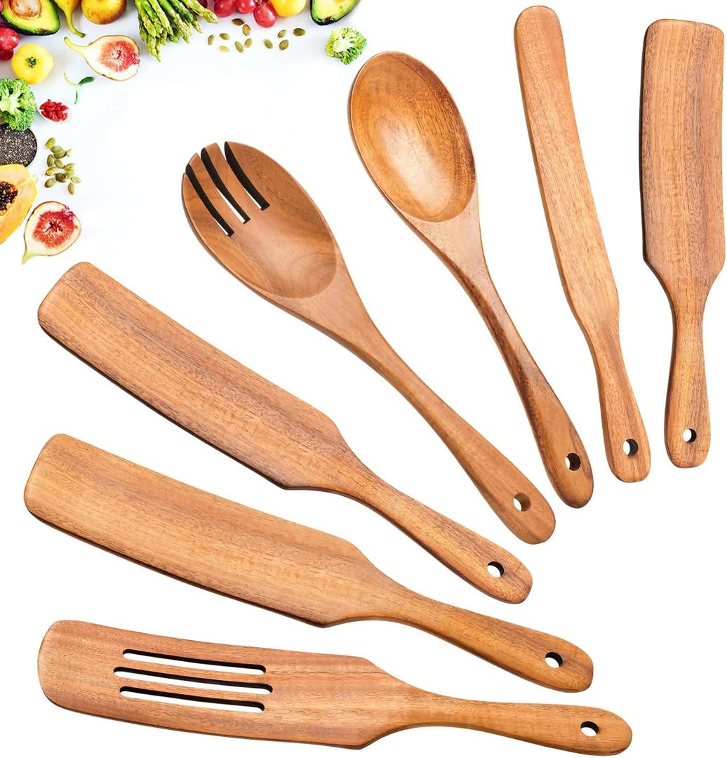 Spurtles Kitchen Tools Wooden, 7Pcs Wooden Spoons for Cooking, Natural Premium Spatula Set, Heat Resistant Cooking Utensil for Nonstick Cookware, Spurtle for Sourdough Starter