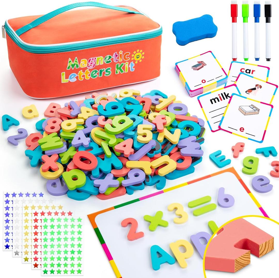 Classroom Magnetic Letters, 278 Pcs Wooden Alphabet Magnets with Double Sided Magnet Board Word Cards, Magnetic Letters and Numbers for Kids Spelling, ABC Fridge Magnets Education Toys