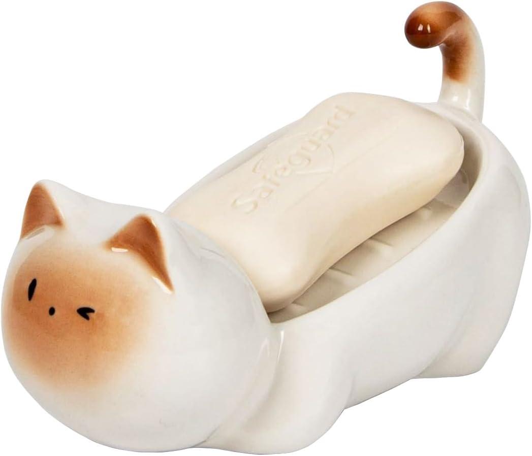 Ceramic Cute Cat Soap Dish, Self-Draining Bar Soap Holder for Shower, Decorative Soap Tray for Bathroom Sink Kitchen Counter, Easy Clean Soap Saver Tray (White)