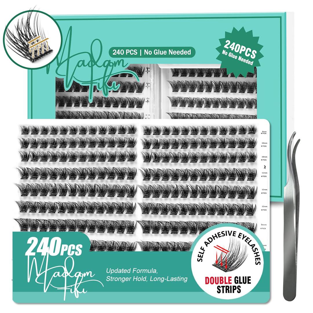 Self Adhesive Lash Clusters, 240 Pcs Individual Eyelashes No Glue Needed, 816mm Wispy Cluster Lashes, DIY Lash Extension Kit for Natural Volume Look with Tweezers