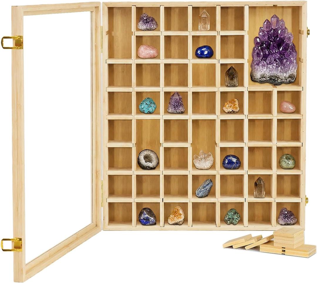 Adjustable Rock Display Case, Large Rock Collection Box with Shelves