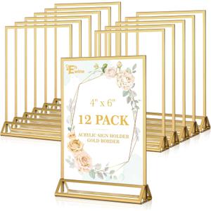EHWINE 12 Pack Acrylic Sign Holder 4 x 6, Double Sided Gold Picture Frame Stand up Table Top Sign Holders, Clear Display Stand Menu Flyer Holder for Wedding Party