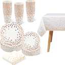 hapray 201PCS Disposable Paper Plates Rose Gold Party Supplies, Polka Dots Birthday and Baptism Decorations, include Cups, Napkins, Plastic Tablecloth, for Baby Shower, Mother's Day