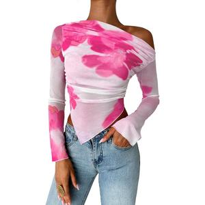 SHENHE Women's Floral Mesh Tops Flare Sleeve Open Off Shoulder Ruched Slim Fit Crop T-Shirts Hot Pink Large