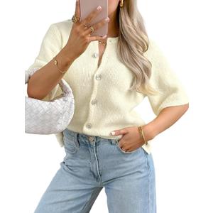 Arssm Women's Knitted Crop Cardigan Y2k Short Sleeve Button Down Cardigan Shirt Ribbed Knit Solid Color Lightweight Outwear (X-Large, Beige) Arssm Women's Knitted Crop Cardigan Y2k Short Sleeve Button Down Cardigan Shirt Ribbed Knit Solid Color Lightweight Outwear (X-Large, Beige)