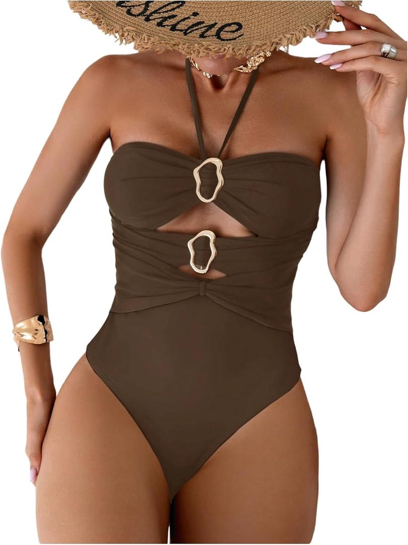 Verdusa Women's Cut Out One Piece Swimsuit Backless Halter Bathing Suit (Medium, Brown)