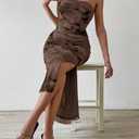 LIGHT DOT Women's Summer Dress Printed Strapless Tube Bodycon Maxi Side Slit Mesh Layered (Brown, S)