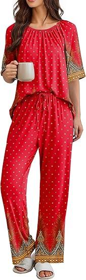 Ekouaer Pajamas for Women Set Short Sleeve Printe Lounge Sets Soft Pjs Round Neck Loungewear with Pockets, XL