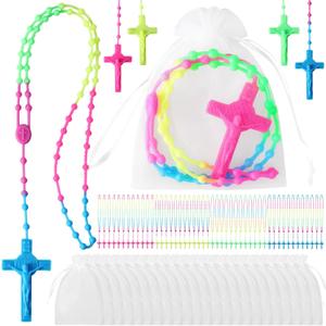 Ecally 48 Pack Rosary Cross Necklaces Bulk Silicone Multicolor Cute Catholic Prayer Rosary Bead with Organza Bags for Guest Church Welcome Gifts Religious Party Favor