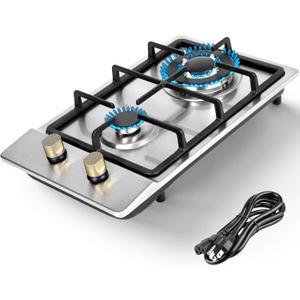 Llamaviva Gas Stove 12 Inch, Propane Cooktop 2 Burner, Portable Gas Cooktop Stainless Steel, Dual Fuel LPG/NG Convertible with Thermocouple Safety Protection for Kitchen, RV, Camping, Outdoor