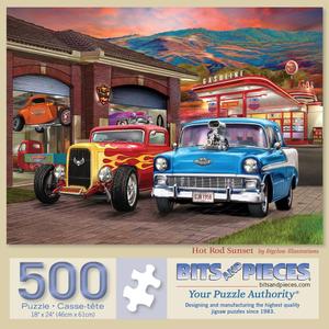 Bits and Pieces 500 Piece Puzzles for Adults - Large 18" x 24" Jigsaw Puzzles 500 Pieces Classic Cars Hot Rods, Random Die Cut, No 2 Pieces Alike, Hot Rod Sunset