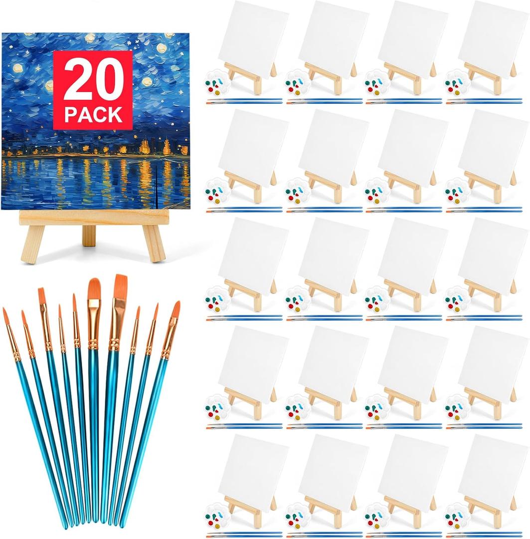 20 Pack 5.9In Canvas Boards for Painting, Art Canvas for Drawing with 10 Brushes & 5 Paint Trays, Mini Painting Canvas with Easel Set, Painting Kits for Adults Party