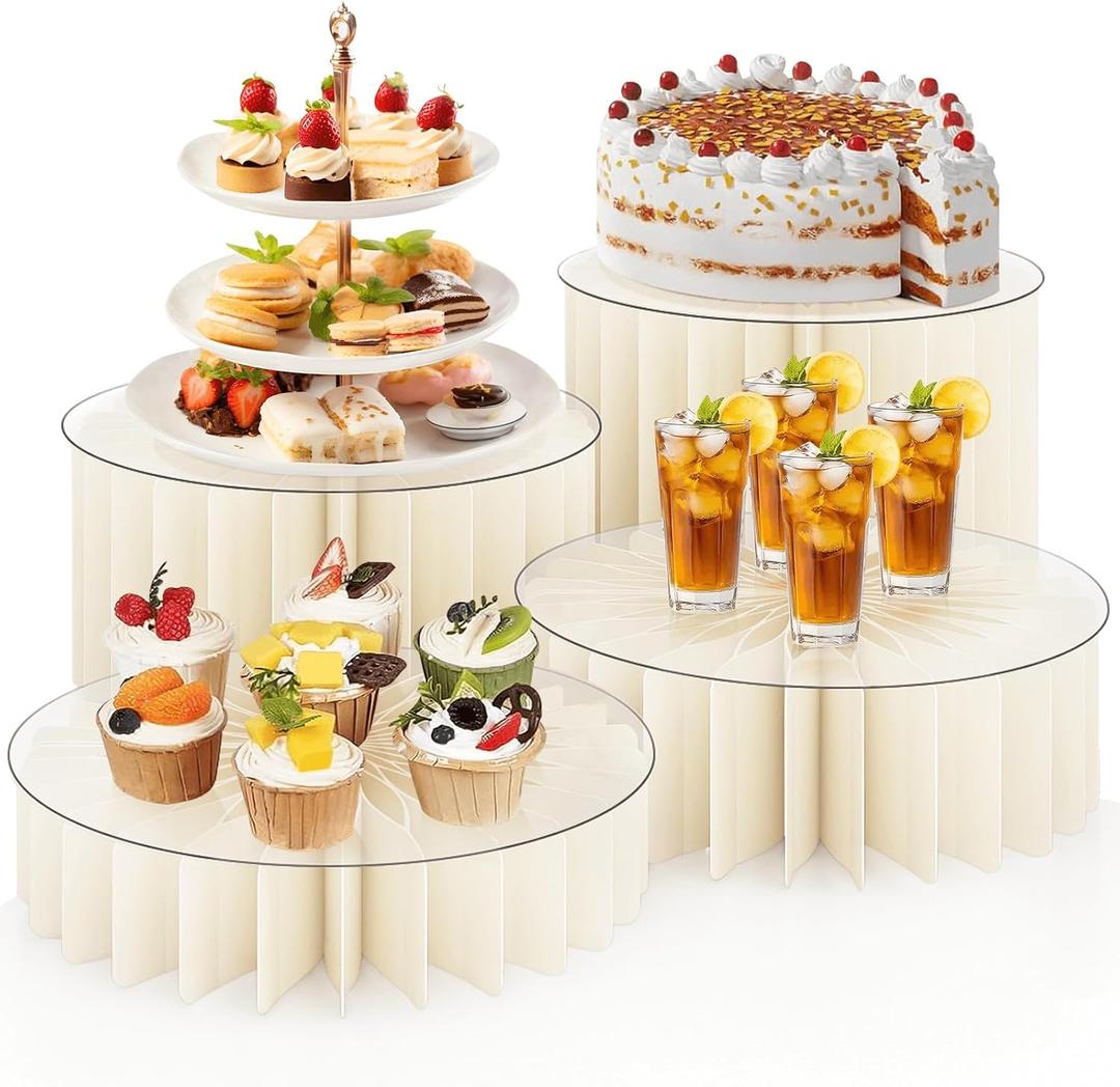 Homode Buffet Risers, 4PCS Food Risers for Buffet Table, Acrylic Risers Display Stands with Foldable Bases, Clear Dessert & Cake Stands, Tall Cylinder Stands for Party, Wedding, Event Decor