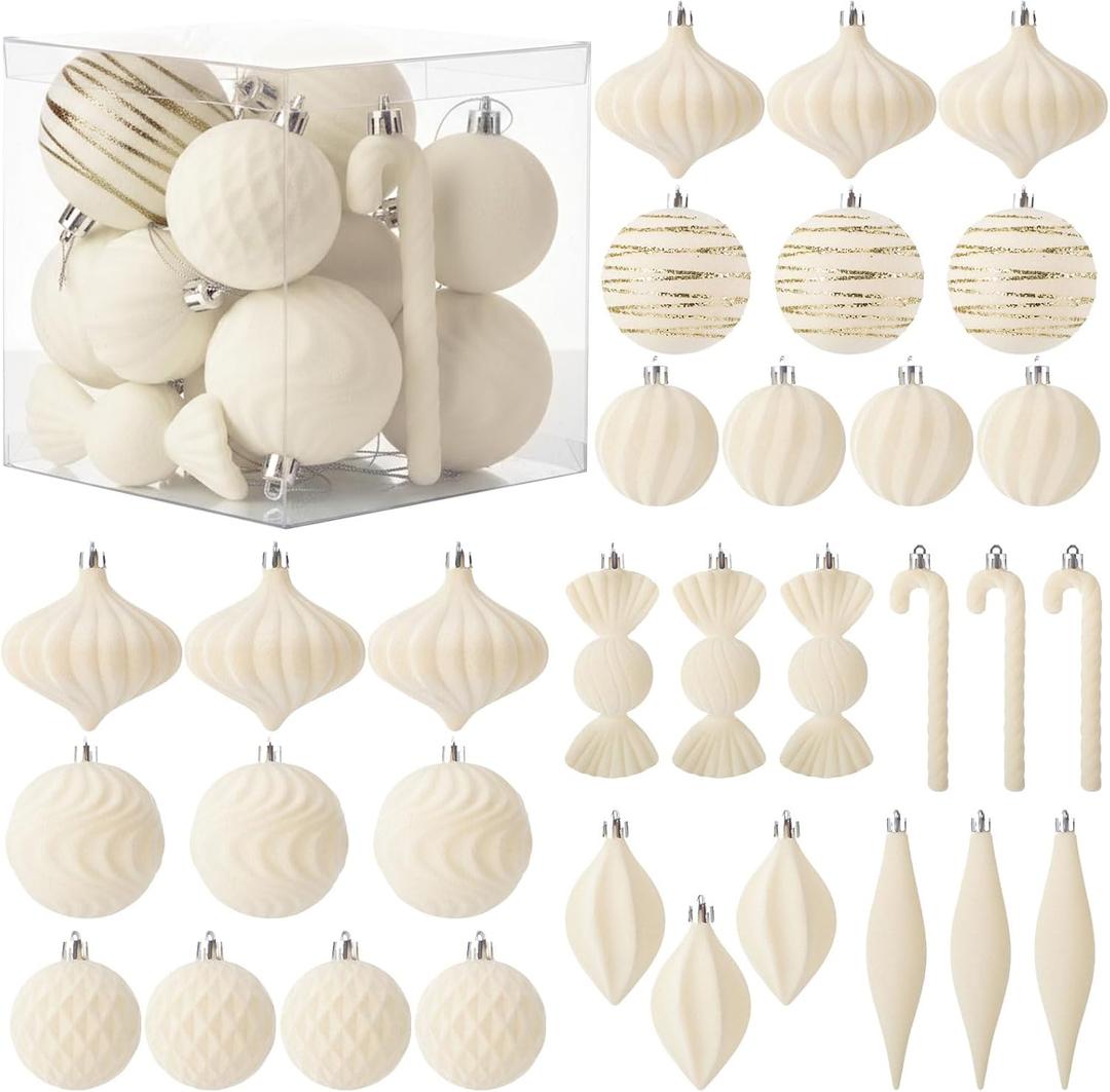 Soulchen 32 Pcs Velvet Christmas Tree Ornaments Ball Set Shatterproof Flocked Christmas Decorations Ball Bulk for Tree Decorative Hanging Garland Ornaments Xmas Holiday Party Decor(Beige)
