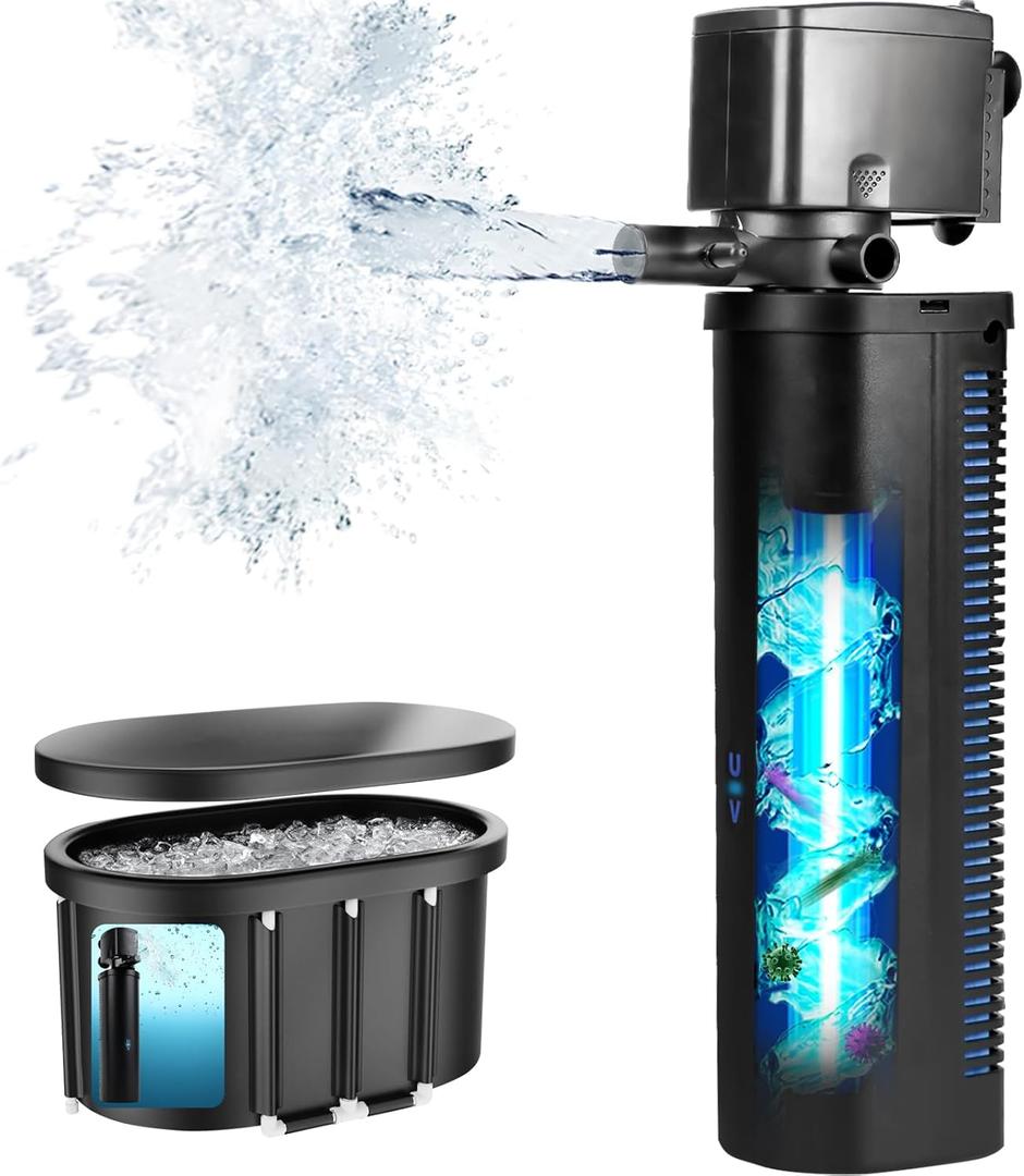 Hypool Aquarium Filter U-V 600GPH for Large 100-500 Gallon Fish Tank Cold Plunge Tub Small Pool Pond Filter Pleated Water Polishing Media, Green Clean Machine Deodorization for Saltwater Freshwater