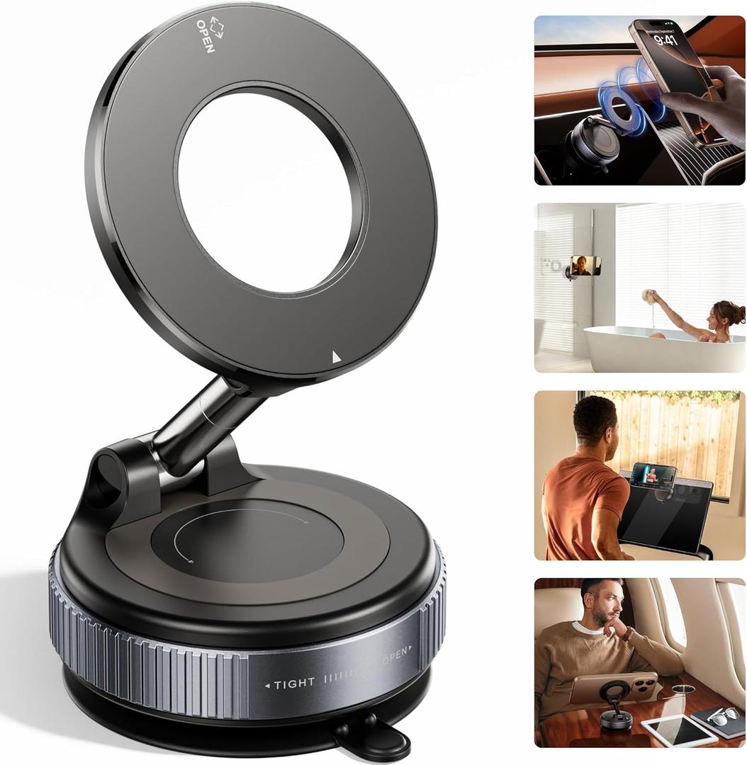 2026 Upgraded Vacuum Magnetic Car Phone Holder 360 Reinforced 96LBS Ultra Suction Cup Phone Mount for MagSafe Cell Phone Holders for Your Car/Gym/Mirror Mount for iPhone & Android (Black)