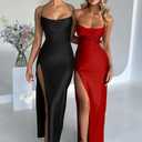 Memoriesea Women's Sexy Spaghetti Strap Bodycon Cowl Neck Party Cocktail Maxi Dress (Black, L)