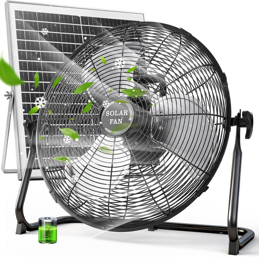 18'' Solar Powered Fan with 30W Solar Panel, Portable Solar Operated Outdoor Floor Fan for Camping, Home, Patio, Worksite - Stepless Speed, Metal Construction and Aluminum Blades