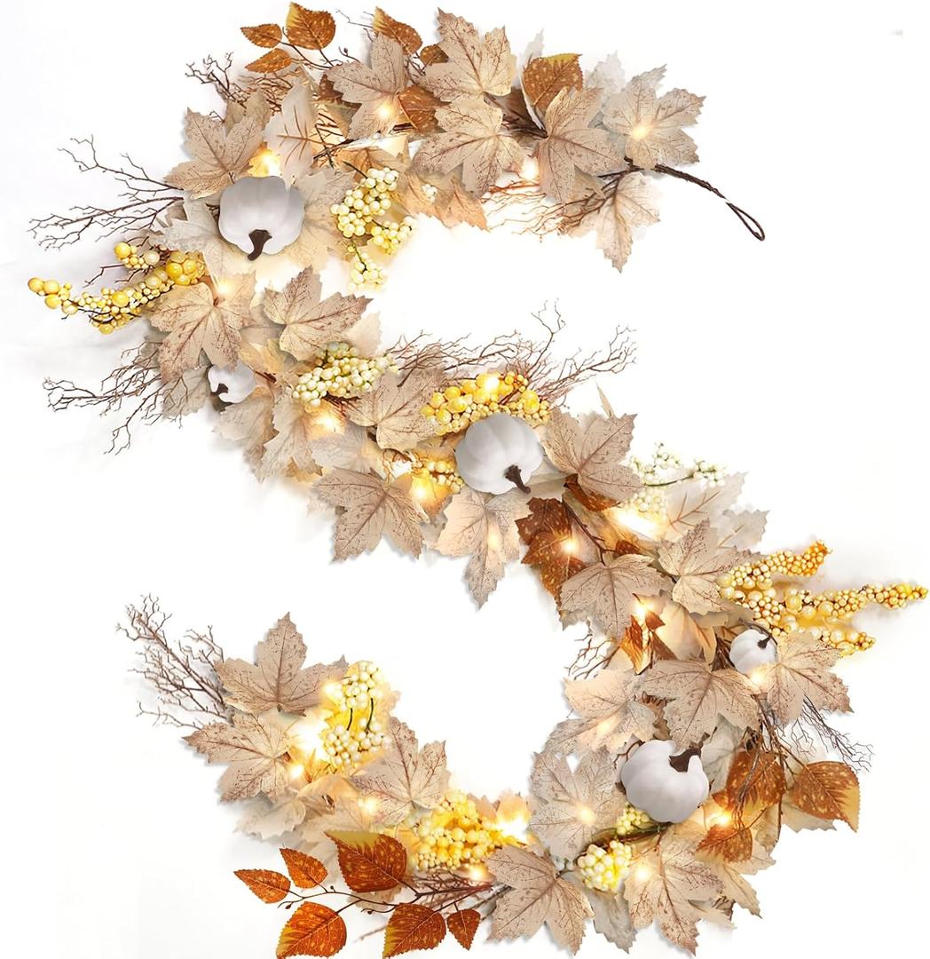 Timer - Thanksgiving Decorations Fall Garland, 6FT Maples Leaf Garlands with Lights Battery Operated Thanksgiving Garland with Pumpkins Berries for Home Indoor Outdoor Table Fireplace Wedding