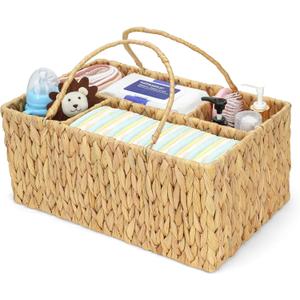 Large Baby Diaper Caddy Organizer, Handwoven Water Hyacinth Storage Basket, Portable Wicker Car Diaper Storage Bin for Nursery and Travel