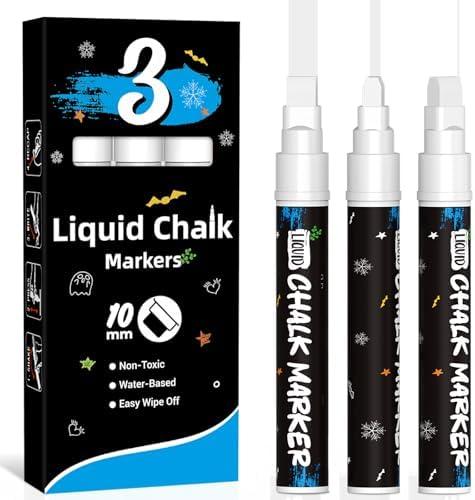 3 Jumbo Erasable Chalk Markers White-10mm White Car Window Markers for Glass Washable, Chalk Pens White Liquid Chalk Pens for Blackboard, Mirror, Non-Porous Surface, Just Married Car Decorations
