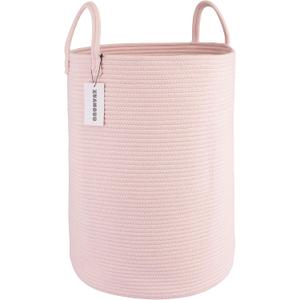 XUANGUO Cotton Rope Laundry Basket Hamper for Clothes Woven Storage Basket for Living Room Bedroom Boho Tall Rope Baskets for Blanket Toys Pillow Towels Baby Nursery Hamper Bin Large, Pink