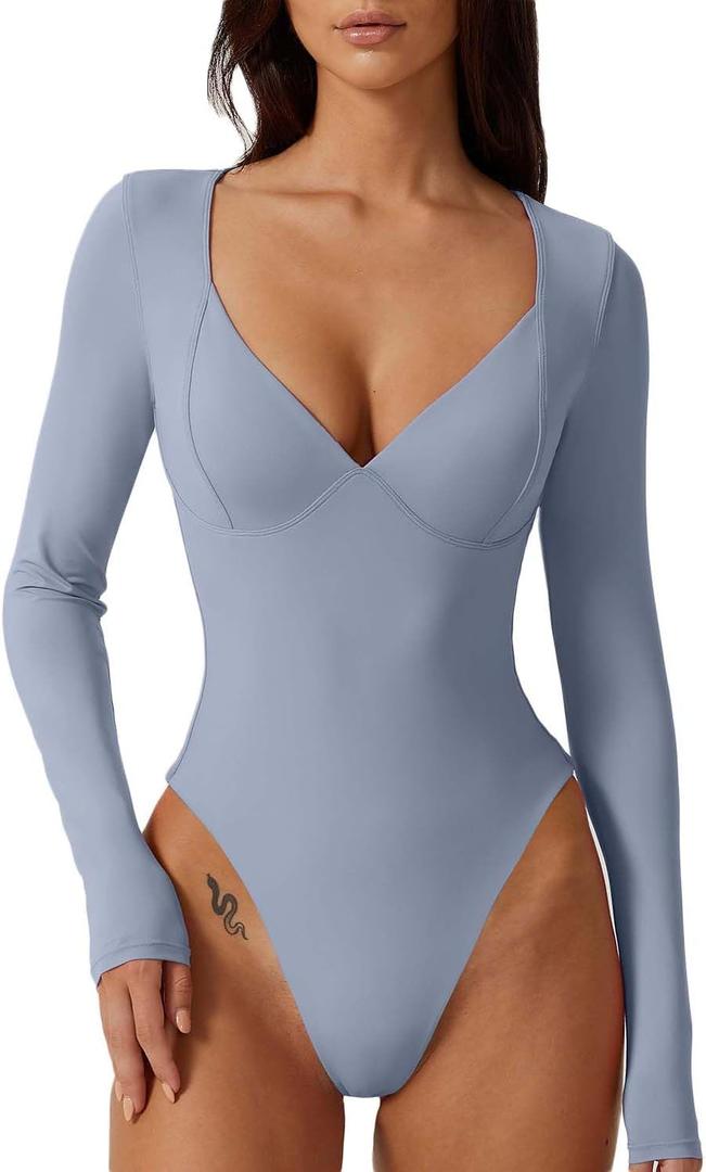 QINSEN Women's Long Sleeve Bodysuit V Neck Body Suits Seamed Cup Going Out Tops Shirt (Large, County Blue)