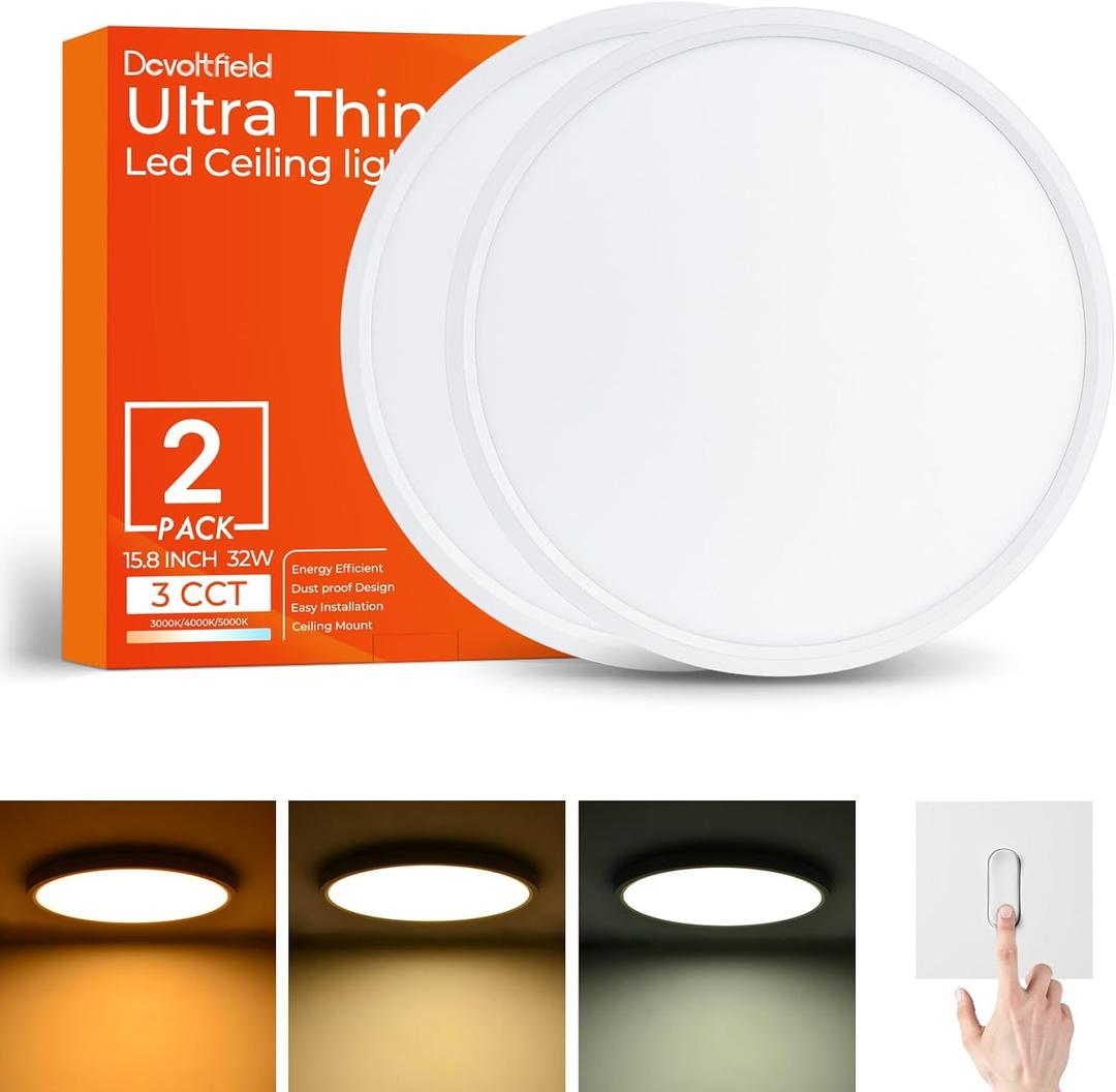 2Pack 15.8Inch LED Flush Mount Ceiling Light Fixture,32W 3200LM, Dimmable CCT 3000K/4000K/5000K,Round Flat Panel Light for Bedroom,0.7Inch Thin Modern Low Profile Ceiling Lights for Hallway,Kitchen
