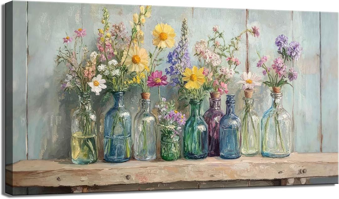 Vintage Glass Bottle Wildflower Canvas Wall Art Large Farmhouse Rustic Floral Decor Painting Picture Rural Green Plant Flower Poster Print for Living room Dining Entryway Bedroom Home Decoration, bouquet, Wrapped Canvas, 40"L x 20"W