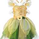 Fairy Costume Dress for Girls, Green Princess Flower Girl Dress, Tutu Dress with Headband and Wings (4T, Gold)